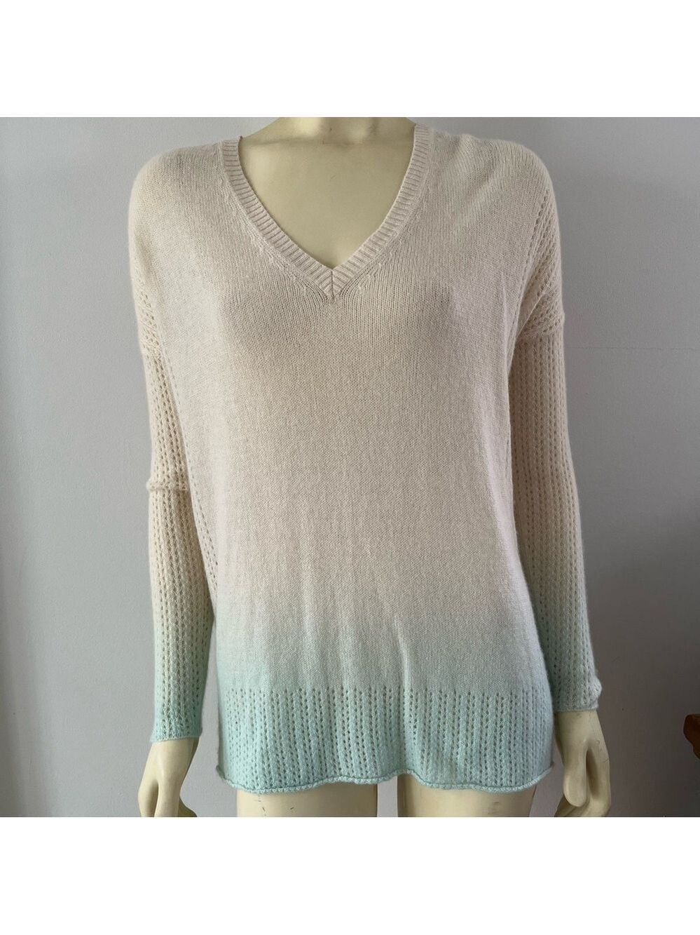 Kokun Women’s Pointelle V-Neck ombré 100% Cashmere Sweater Lightweight Cream S